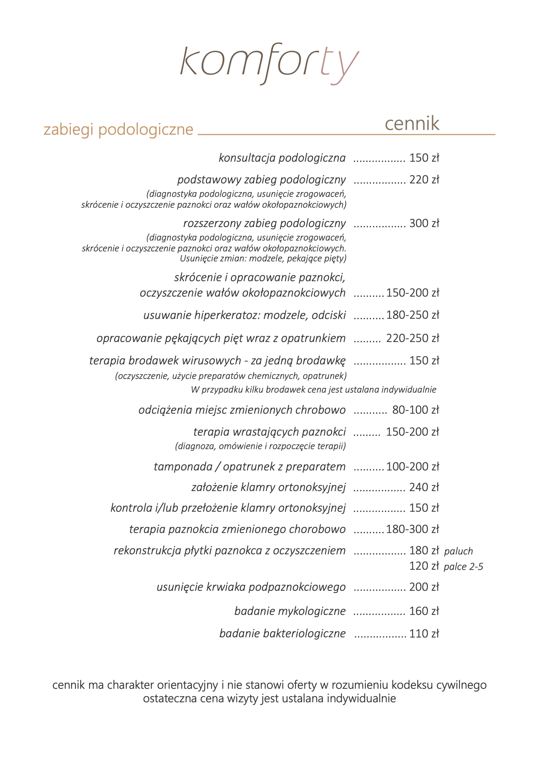 Komforty - Cennik usług